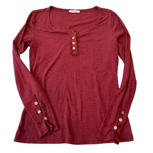 Womens Fashion Ribbed Knit Burgundy Long Sleeve Button Henley Top Size‎ M